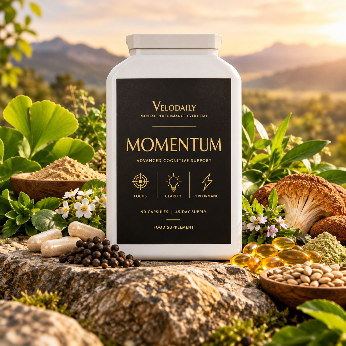 Velodaily Momentum bottle on a rock in a golden-hour landscape